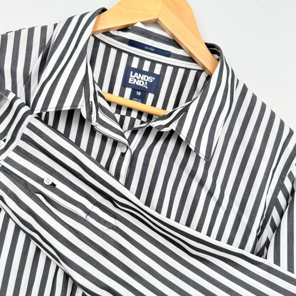 Lands End Button Down Shirt Womens 18 Gray White Striped No Iron Preppy Office